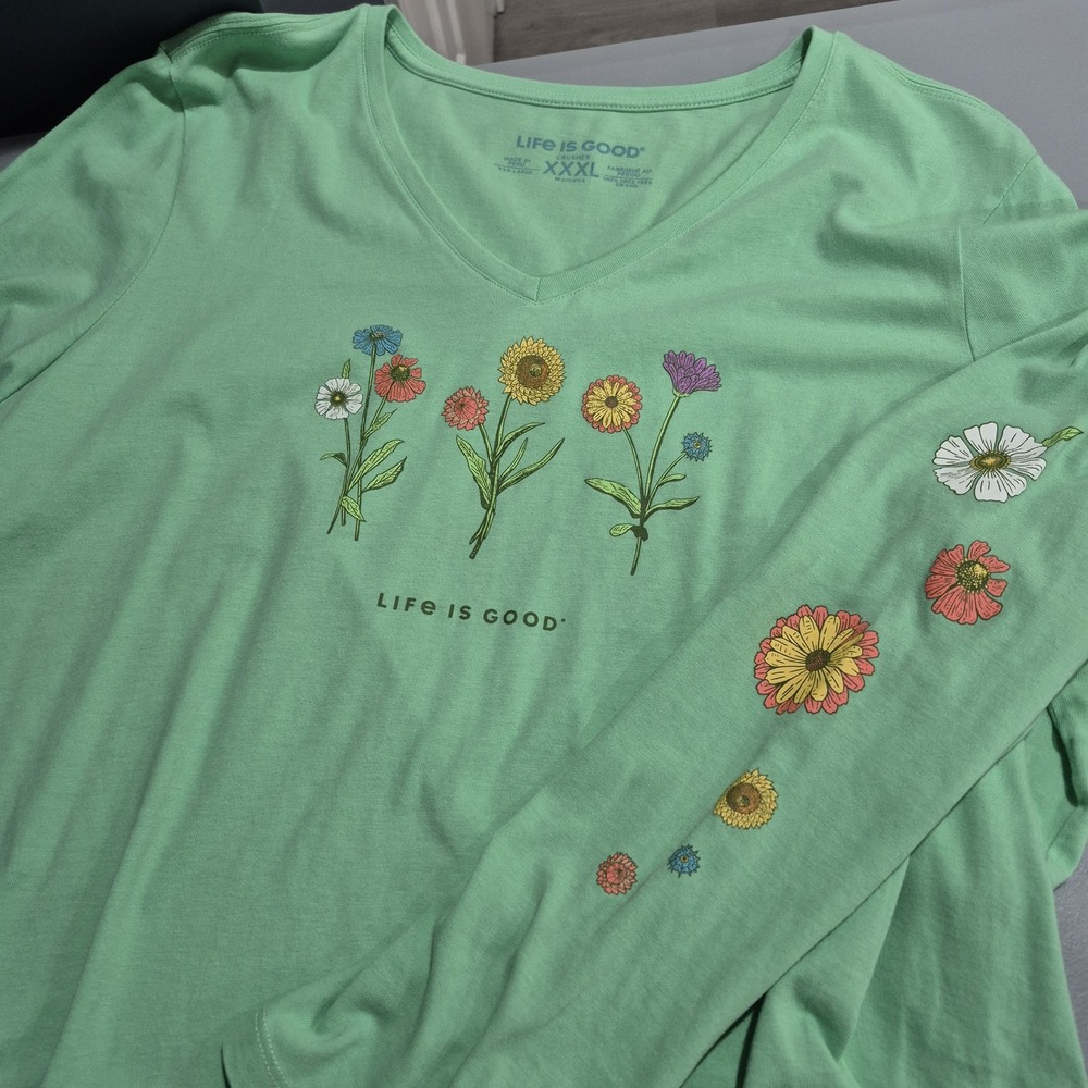 Life Is Good Crusher Tee Shirt Womens XXXL 3XL Green V-Neck Sunflower Wildflower